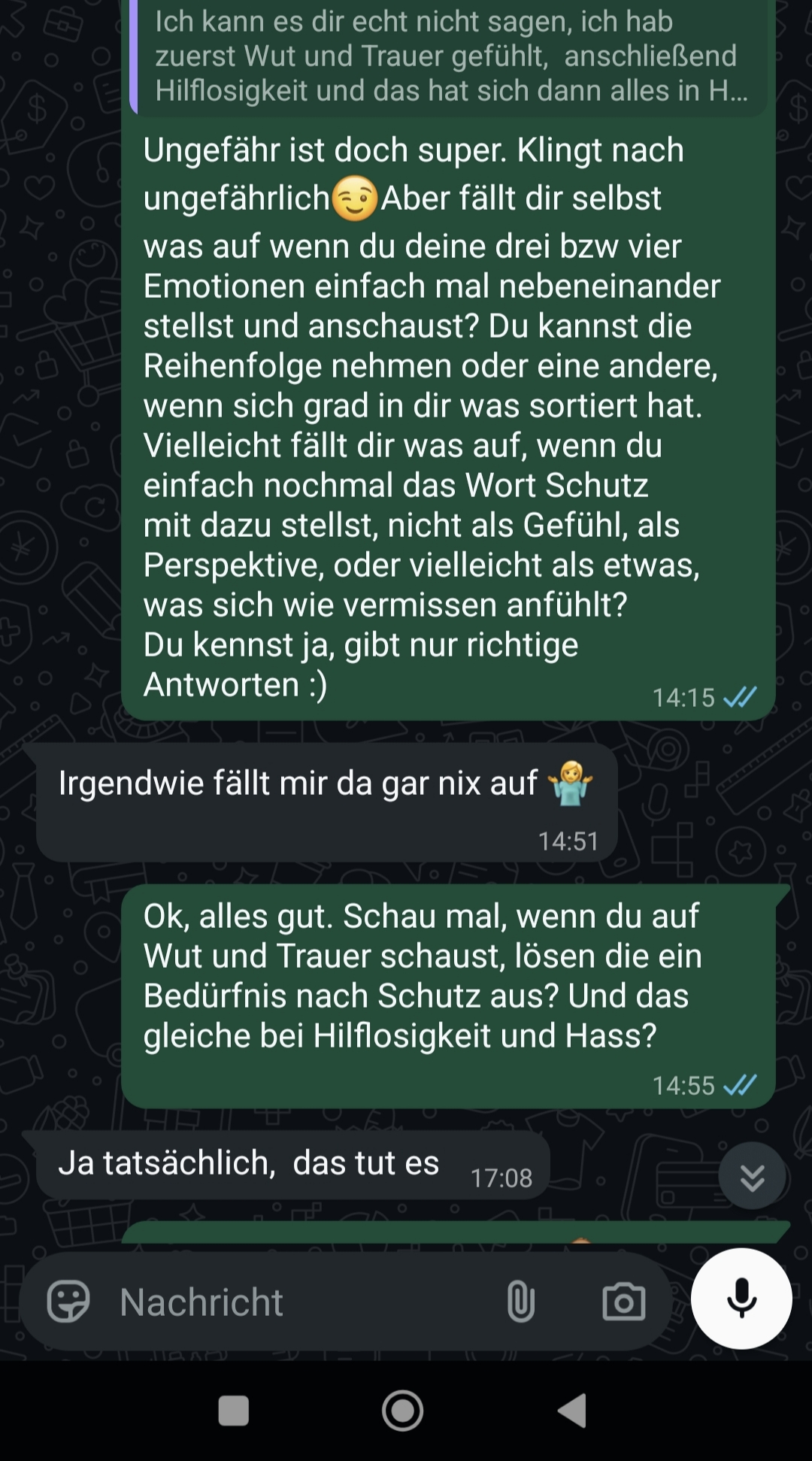 Originaler anonymisierter WhatsApp-Ausschnitt: Aus mehreren Gefühlen wird ein Zusammenhang mit dem Bedürfnis nach Schutz sichtbar.